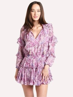 MISA PURPLE Lilac LORENA MINI DRESS Small Tiered Long Sleeve Designer